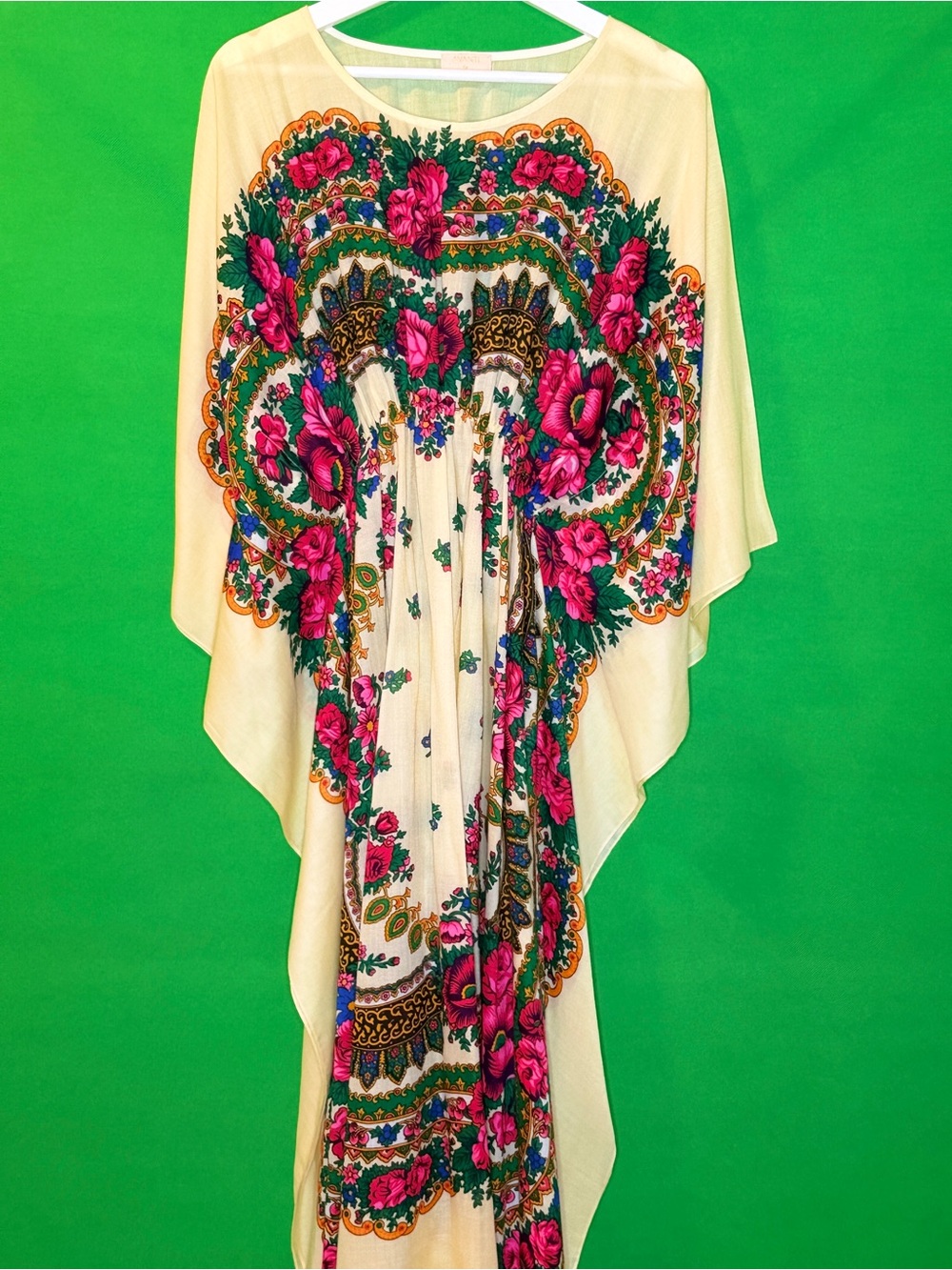 Ivory Floral Boho Caftan with Hot Pink & Green Print